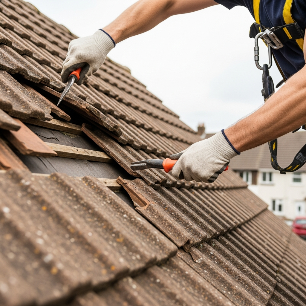 Roofer repairing tiles on a pitched roof in Shepperton