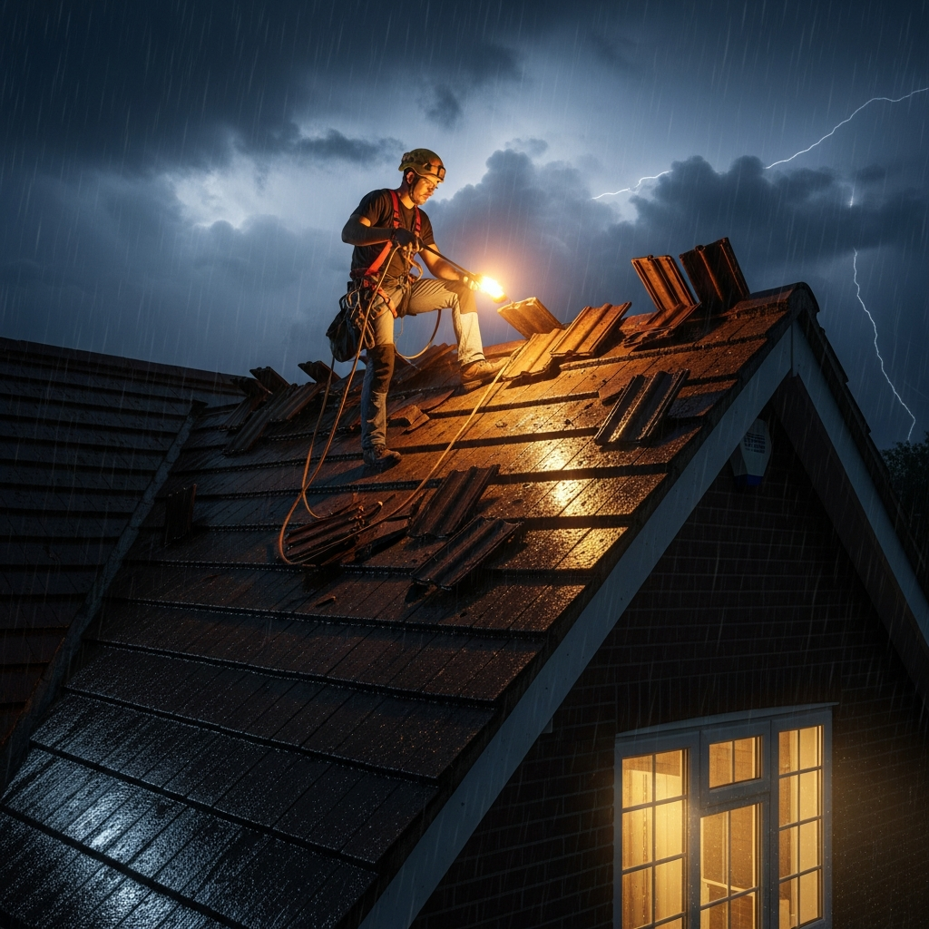 Emergency roof repair being carried out after storm damage in Middlesex