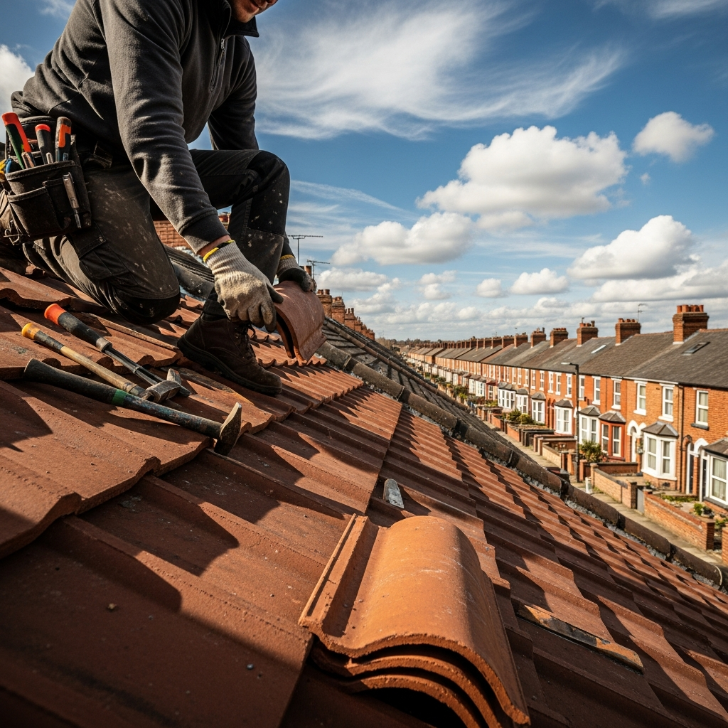 Professional roofer working on roof tiles in Shepperton, Middlesex